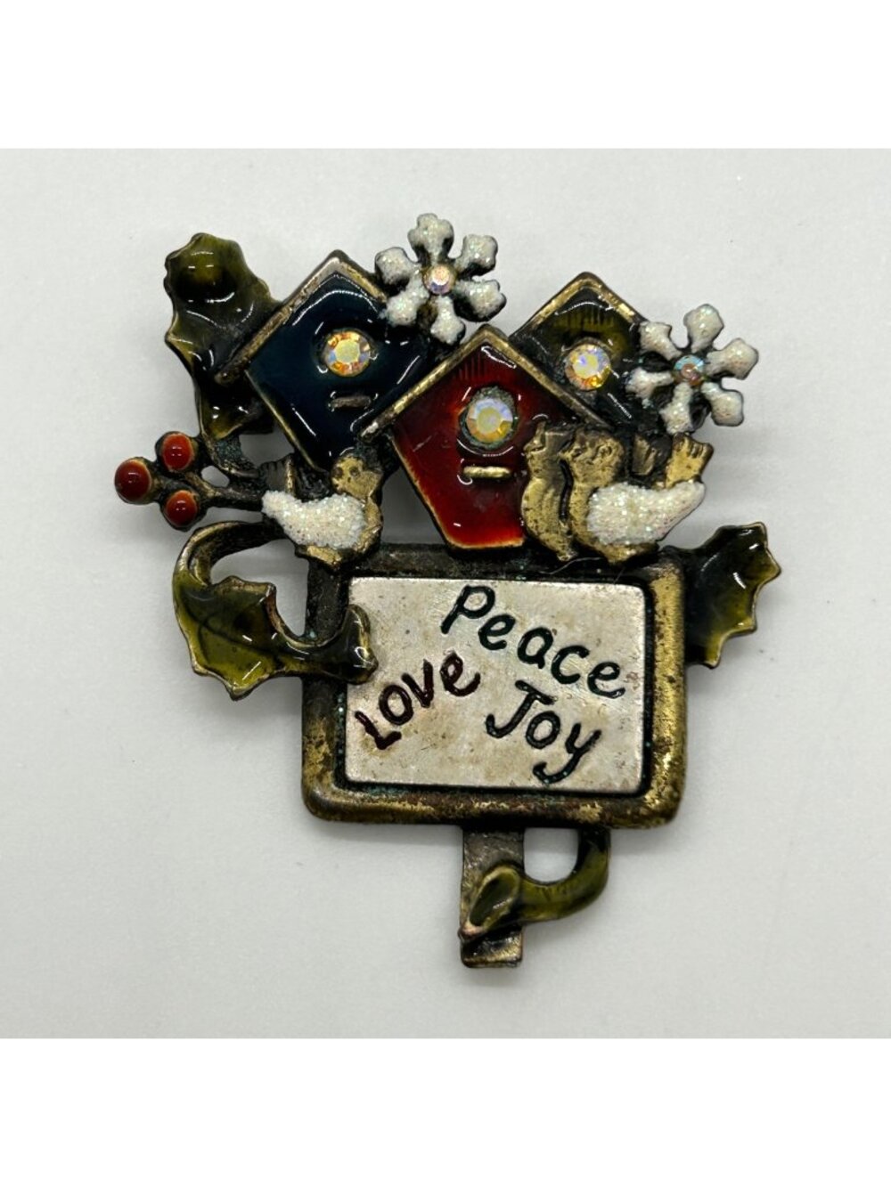 Vintage Kenneth Cole KC Christmas Birdhouse Brooch Pin Enamel Rhinestone Holiday